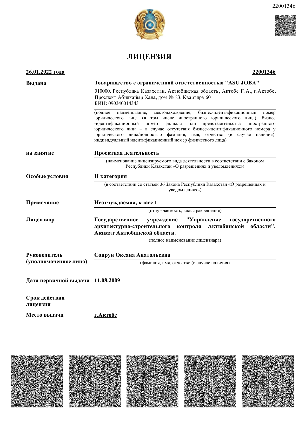 Первая страница лицензии ASU JOBA: Проектная деятельность